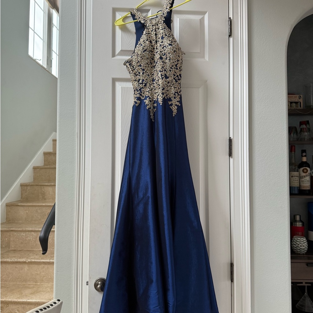 Camille La Vie Navy and Gold Embroidered Prom Dress